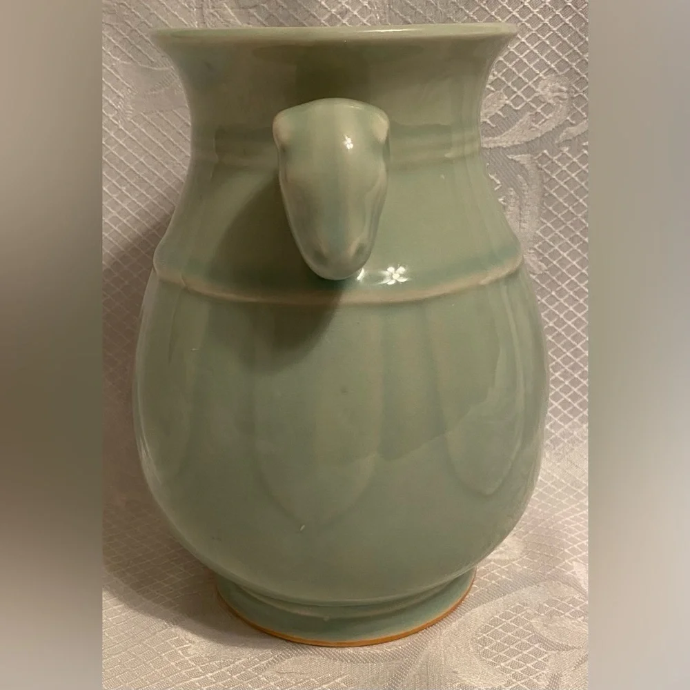 Vintage Celadon Green Vase with Rams Head Handles - Picture 2 of 5